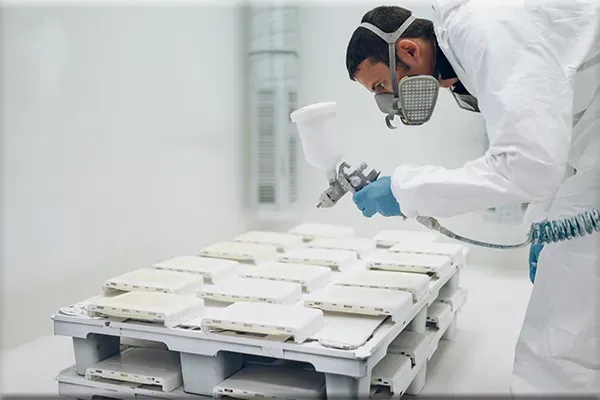 Person wearing respirator sprays white paint on rectangular objects in a clean, white room.