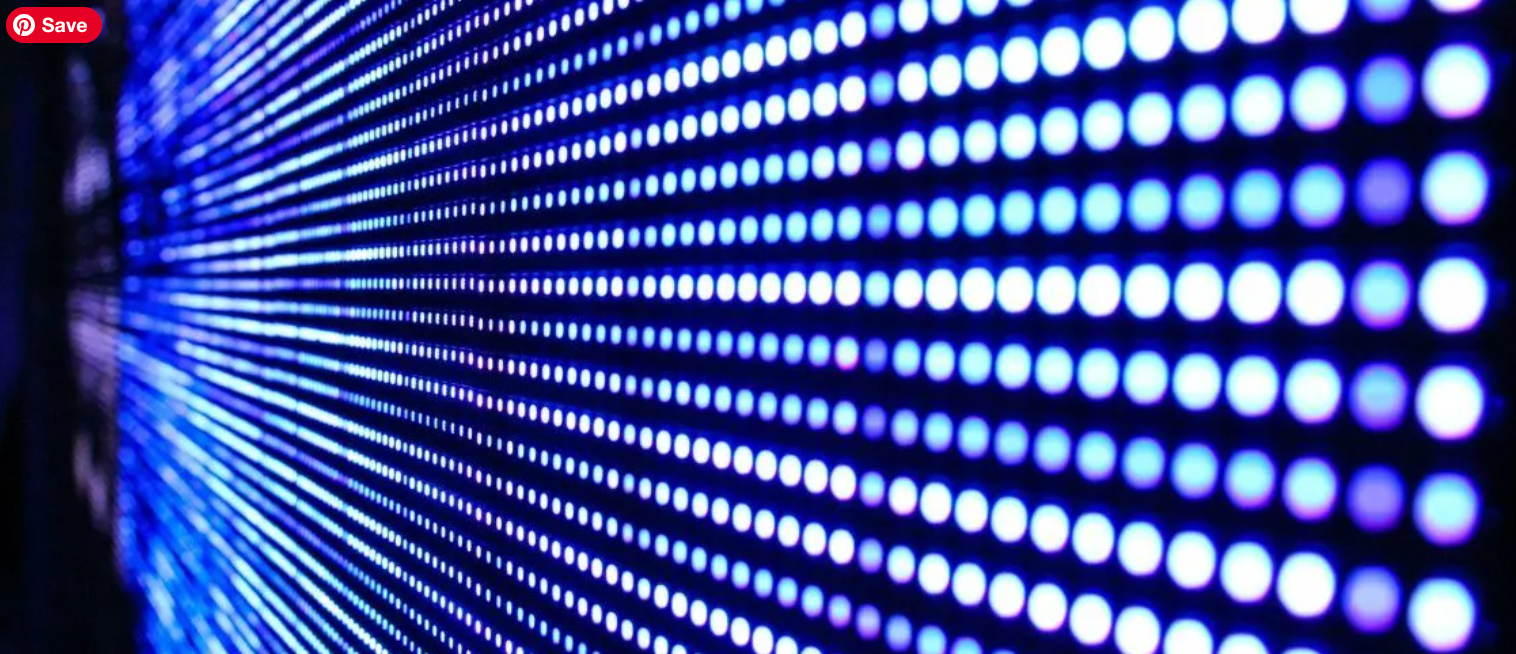 Blue and white LED light display forming a perspective pattern.