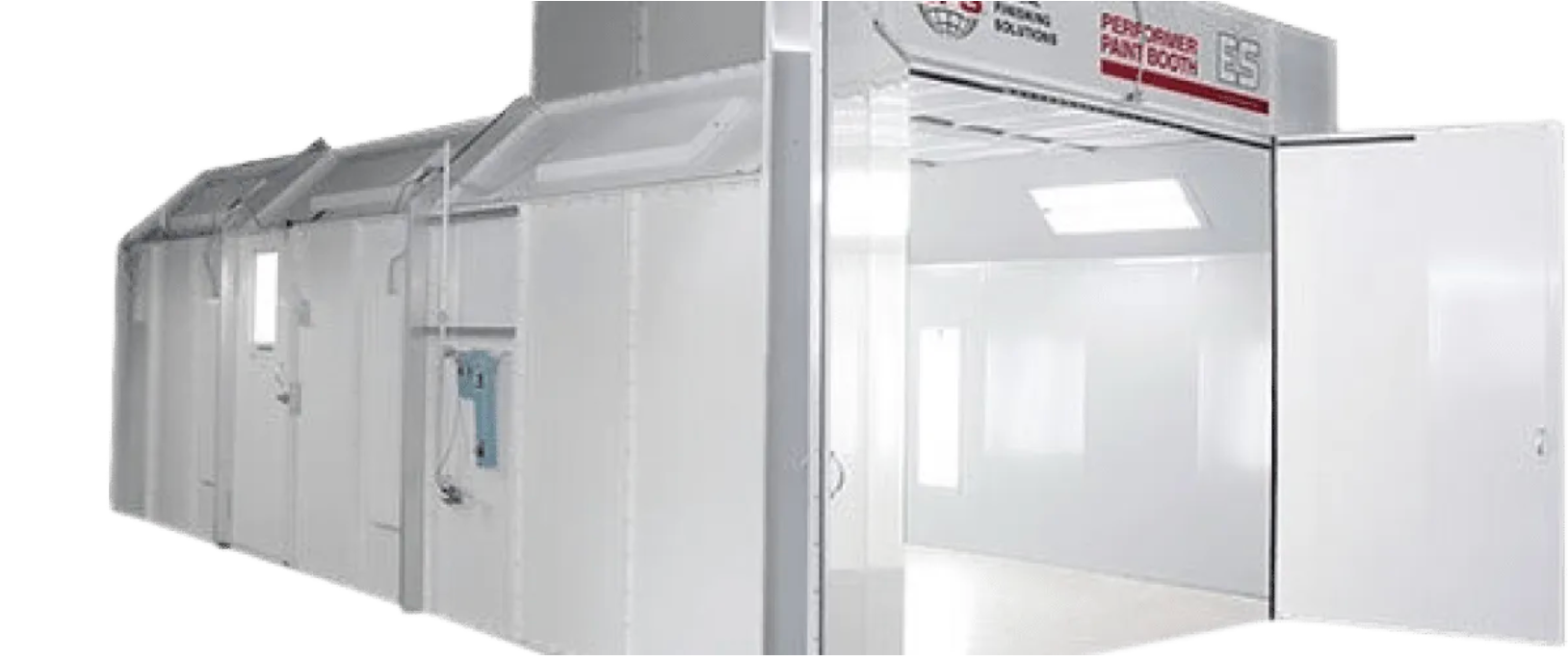 White industrial paint booth with doors open.