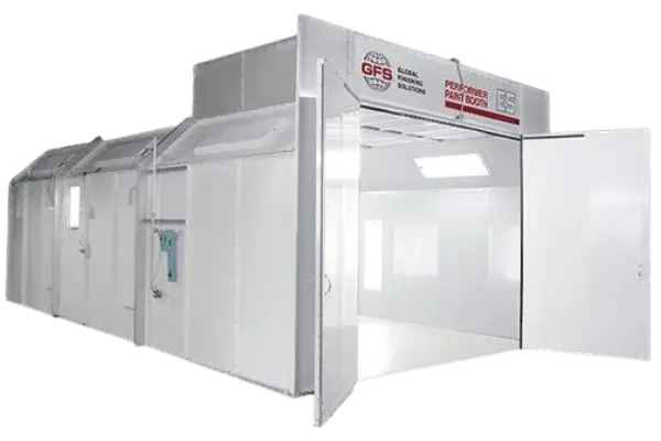 White paint booth with open doors, likely for automotive painting.