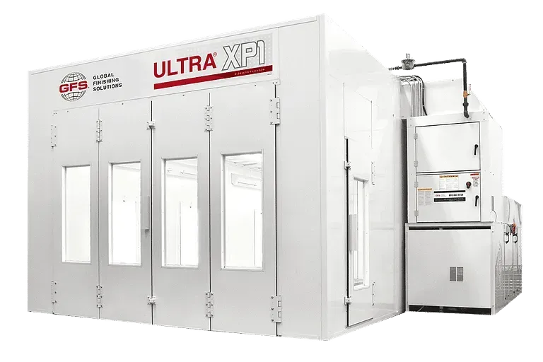 White paint spray booth with the text 