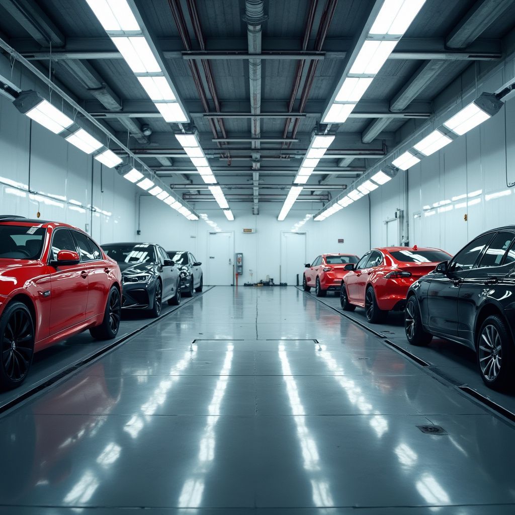Cars parked inside a brightly lit auto shop. Red, black, and gray vehicles line both sides of the room.