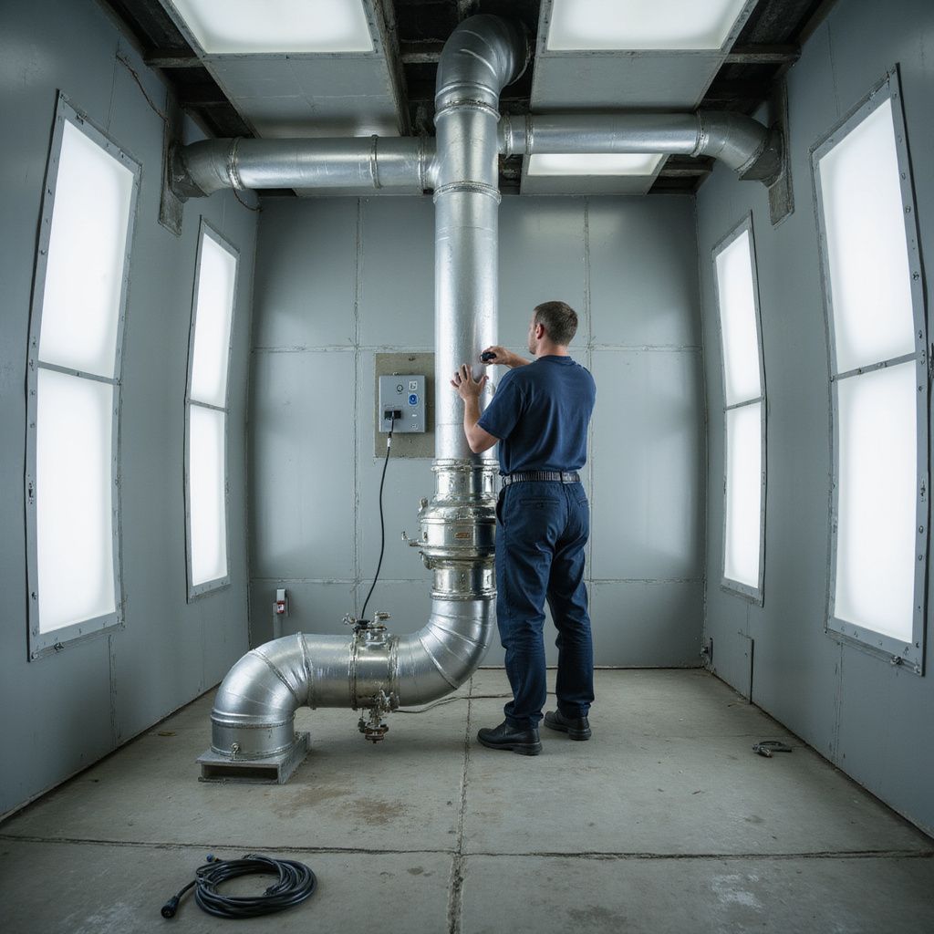 Man in a gray-walled industrial space working on large ventilation pipes.