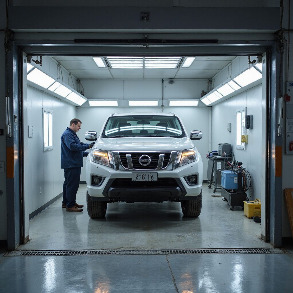 White Nissan SUV inside a workshop. A person is checking the vehicle.