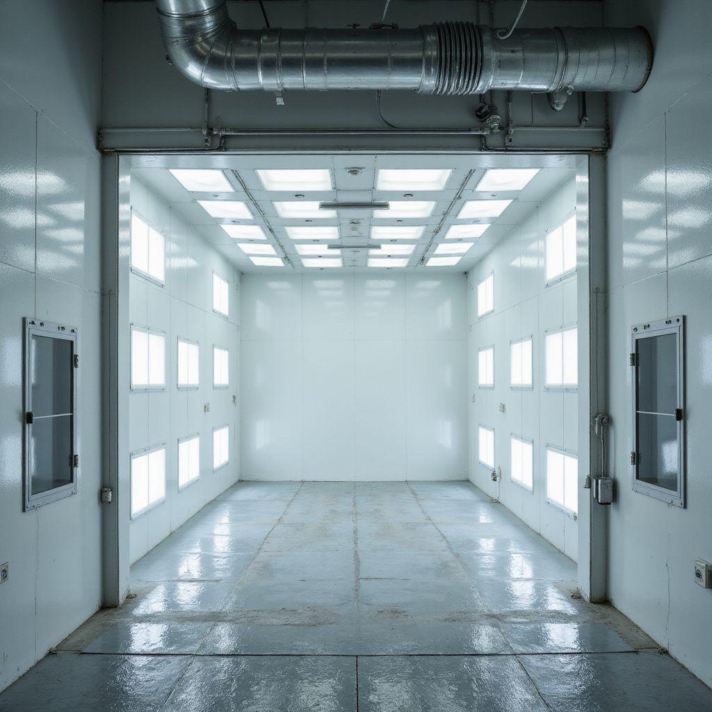 Empty white paint booth with bright lights. Gray floor and walls, open doorway at front.