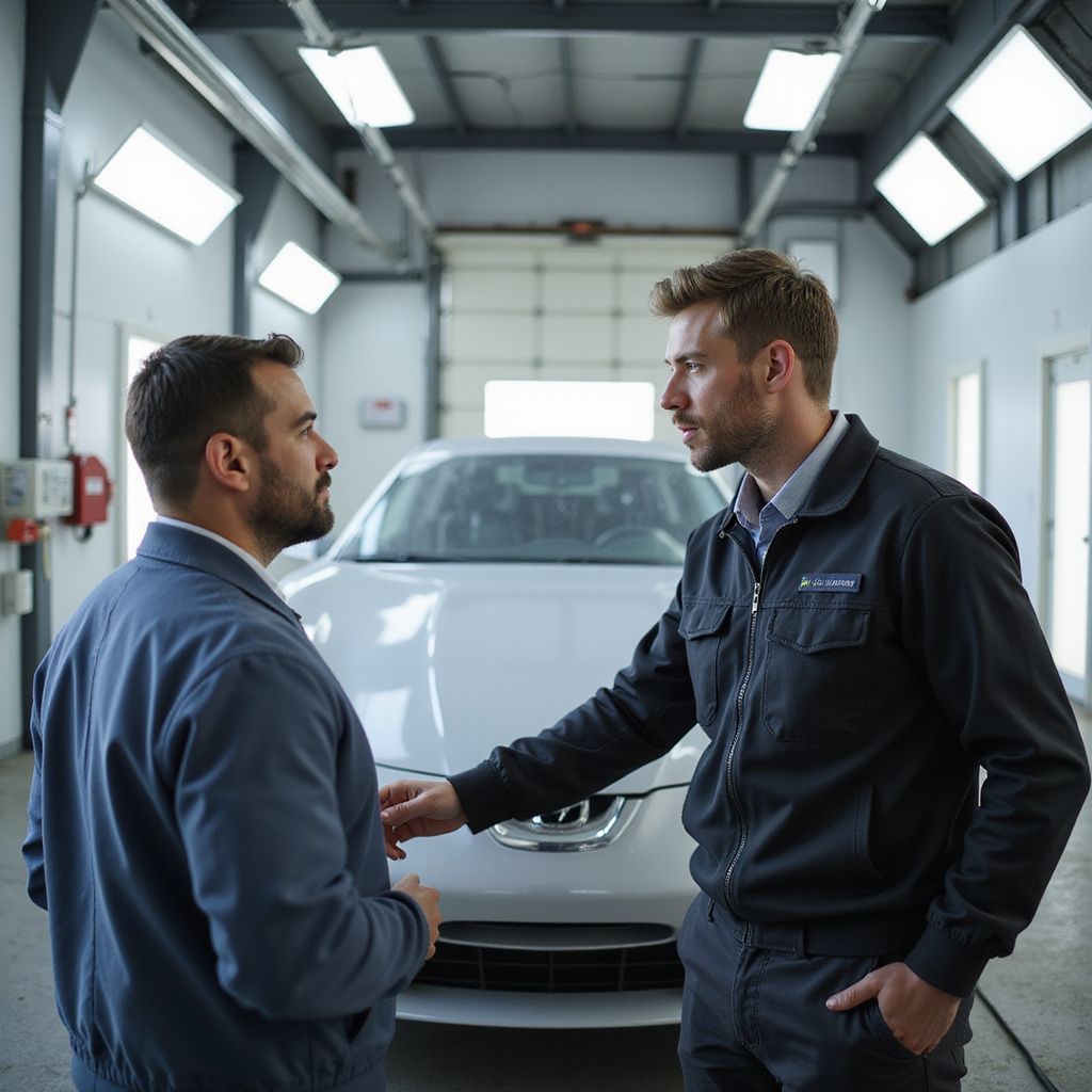 Two men in a car repair shop, inspecting a white car. One man gestures towards the car.