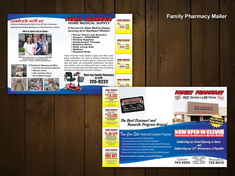 a family pharmacy flyer is on a wooden table