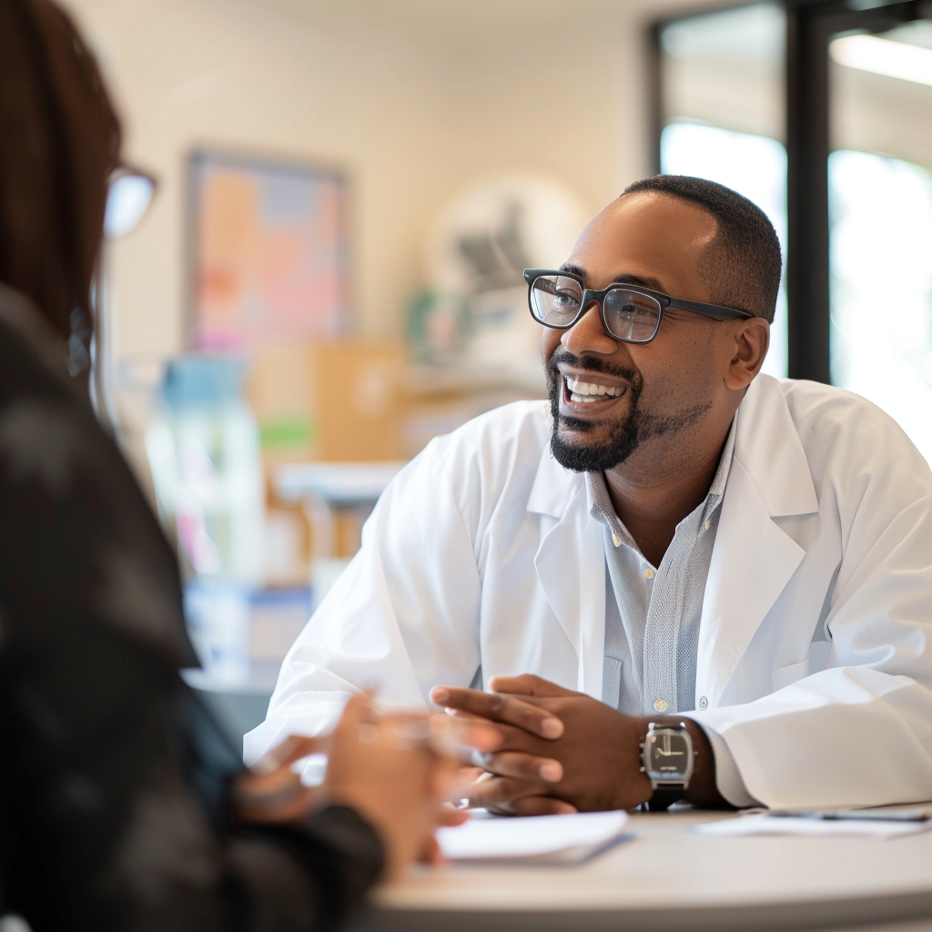 Doctor sitting with a patient at a table