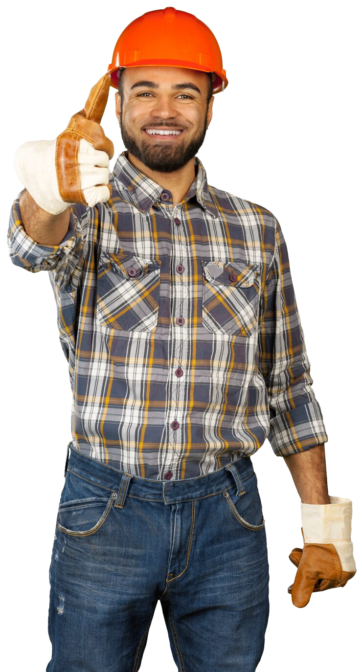 Un ouvrier du bâtiment, portant un casque et des gants orange, lève le pouce.