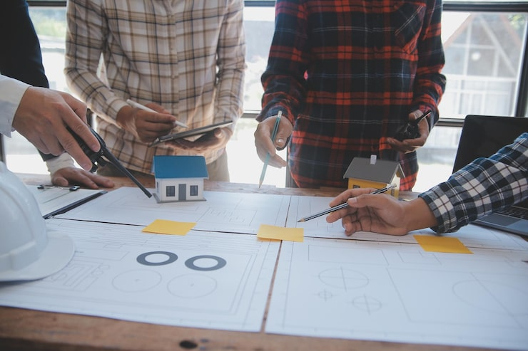 Des personnes qui collaborent autour de plans architecturaux, de maquettes de petites maisons et d'un ordinateur portable.