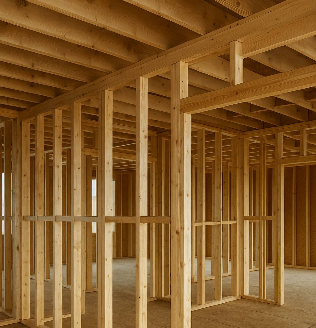Ossature bois de l'intérieur d'un bâtiment, montrant les murs et les poutres du plafond, construction inachevée.