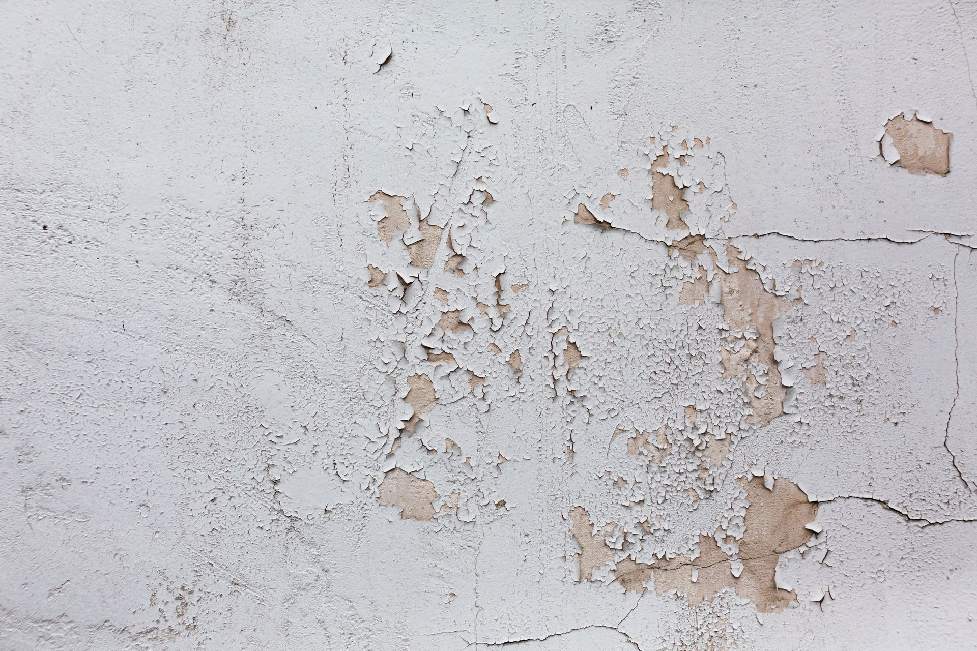 Mur blanc à la peinture écaillée, laissant apparaître la matière beige sous-jacente et des fissures.