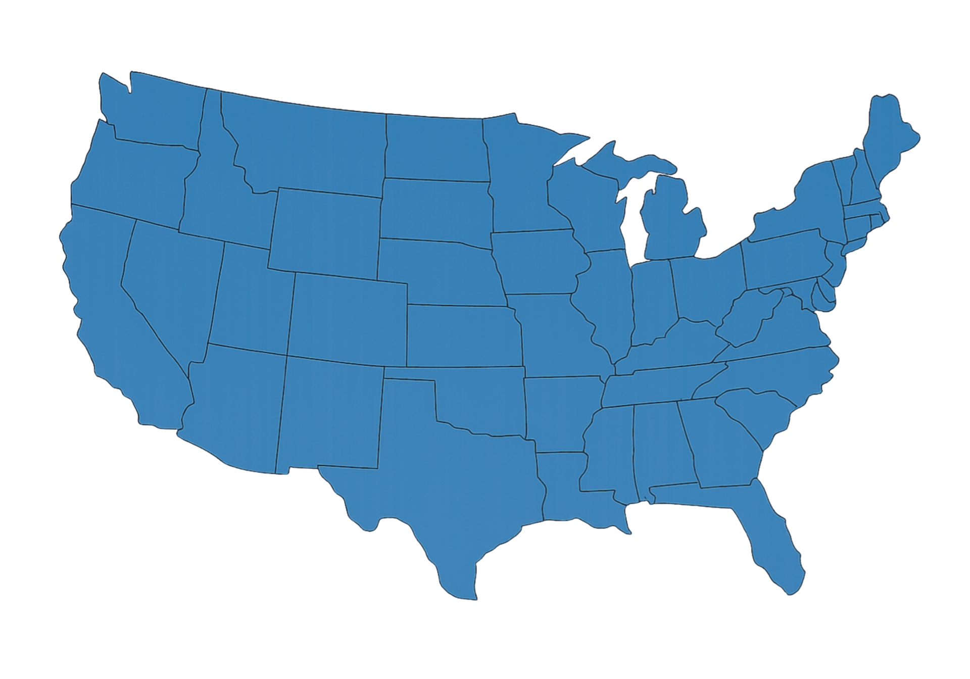 A simple, blue silhouette map of the contiguous United States showing state borders.