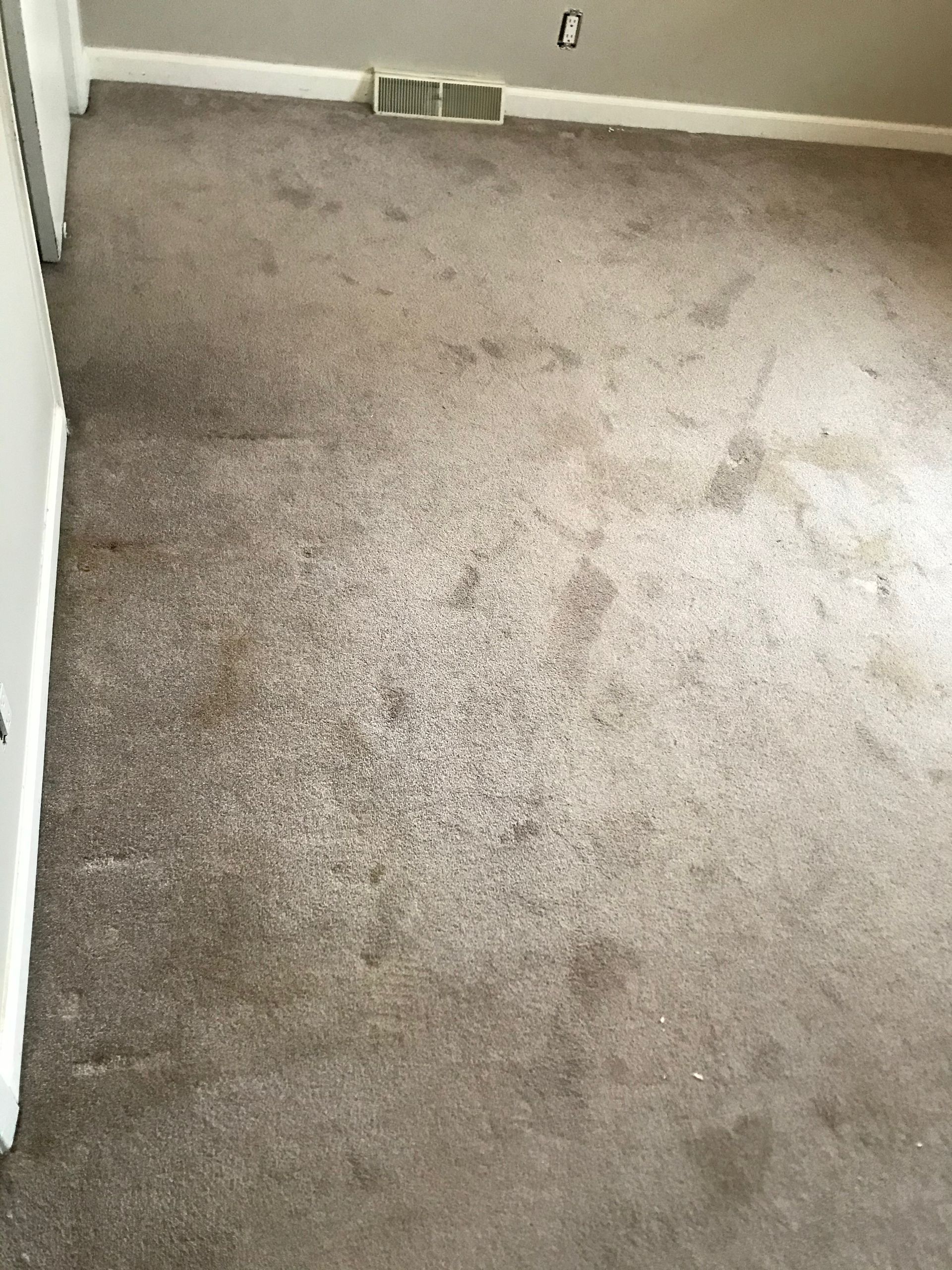 A room with a dirty carpet and a broom on the floor.