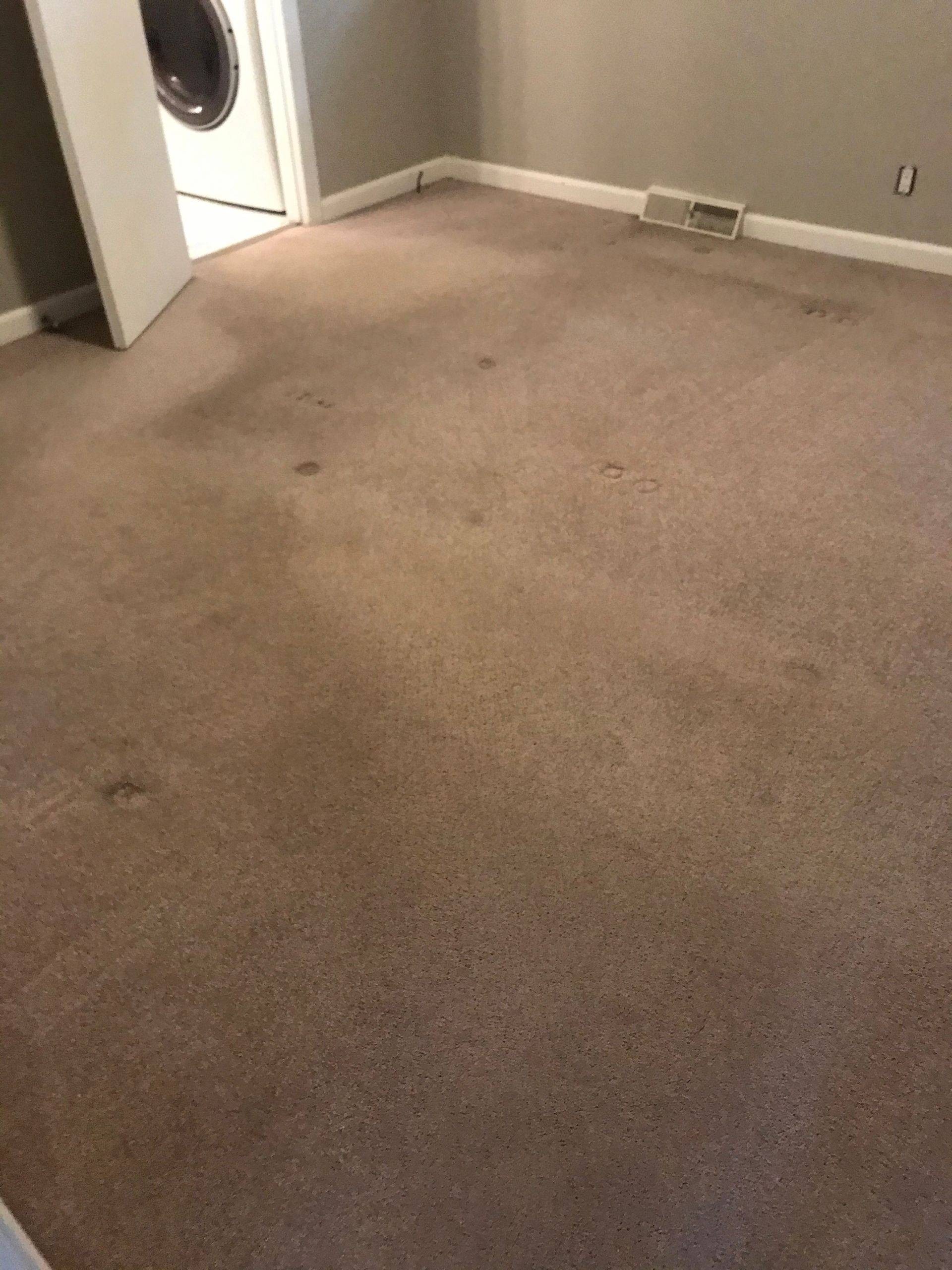 A dirty carpet in a laundry room next to a washer and dryer.