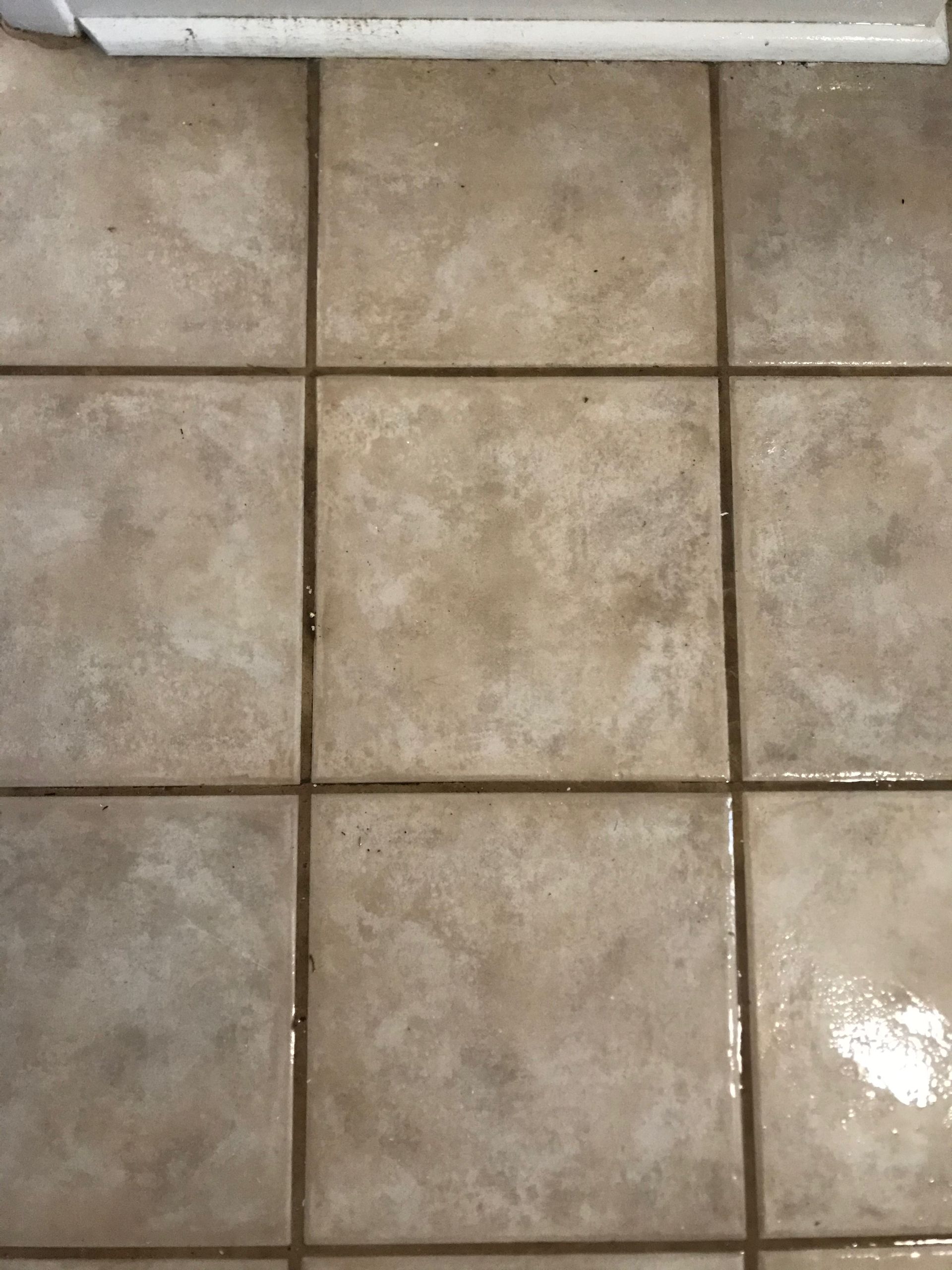 A close up of a tiled floor in a kitchen
