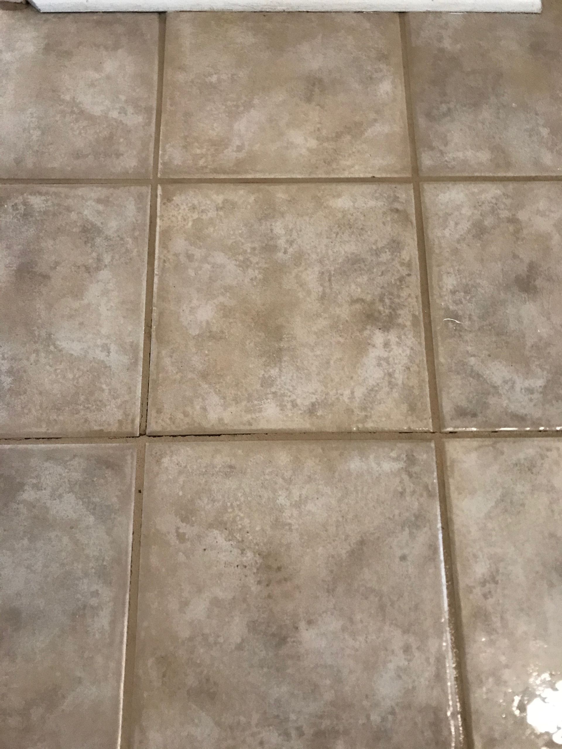 A close up of a tiled floor with a toilet in the background.