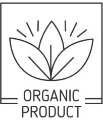 Étiquette de produit biologique avec trois feuilles et le texte « PRODUIT BIOLOGIQUE ».