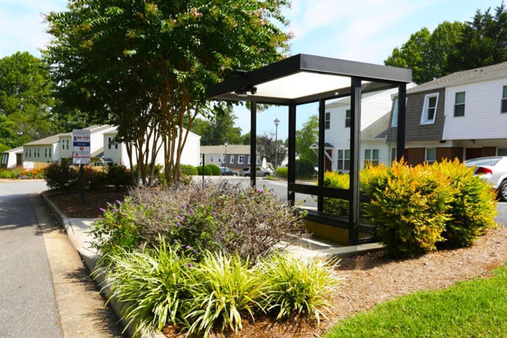 A bus stop in the middle of a residential area at Old Mill Townhomes in Lynchburg, VA.