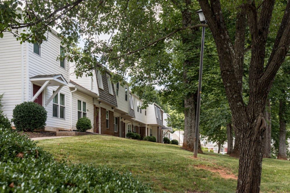 A row of white houses with trees in front of them at Old Mill Townhomes in Lynchburg, VA.