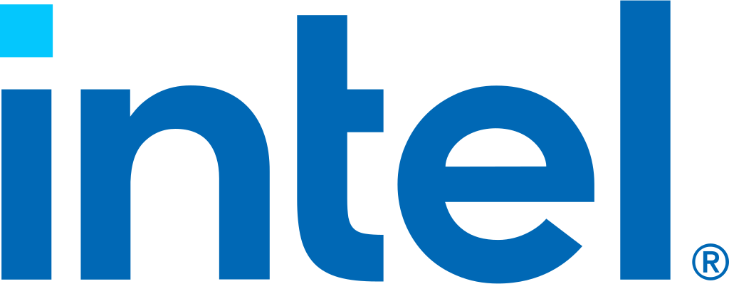 Intel logo: blue text with a light blue square above the 