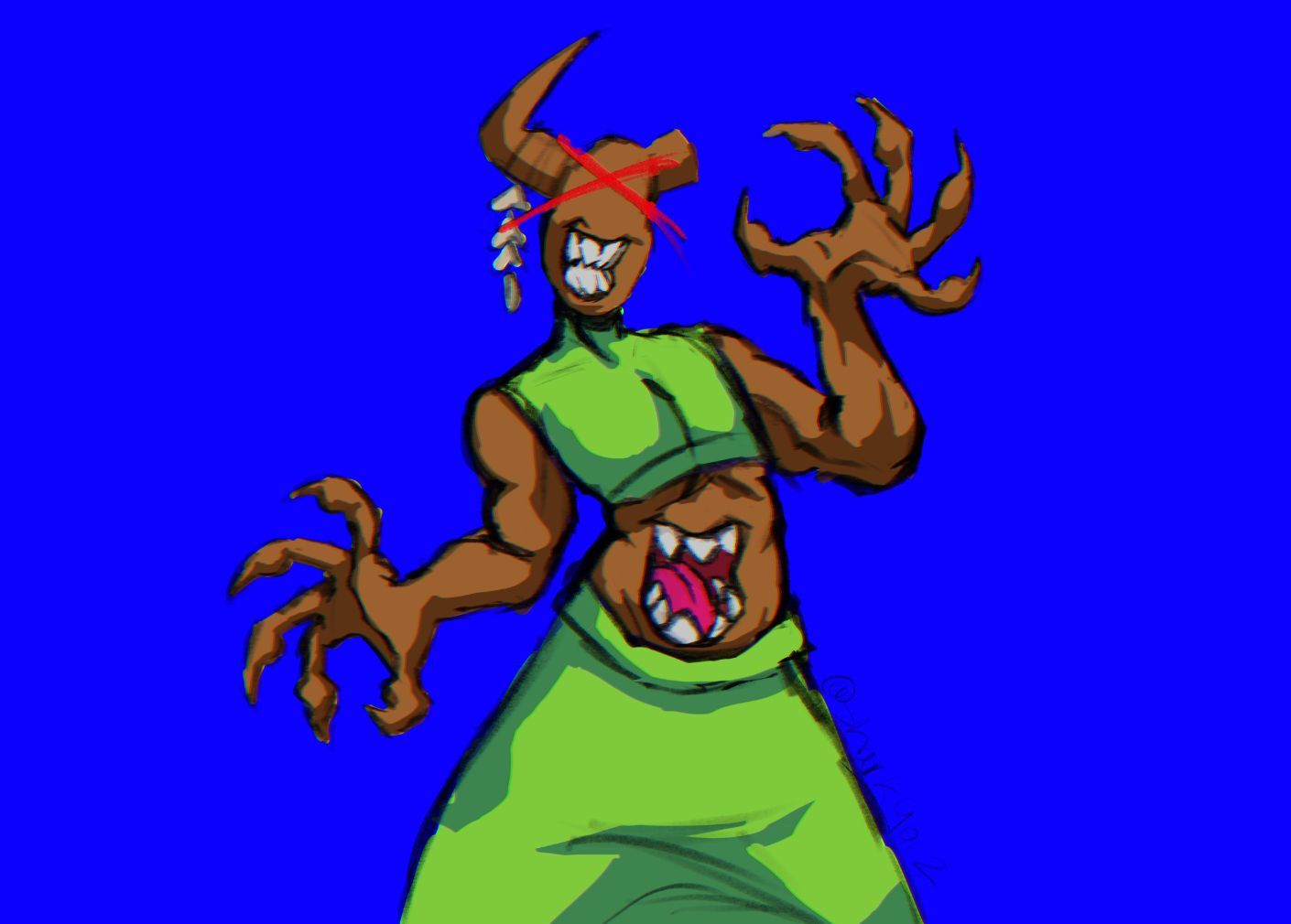Grotesque monster with brown skin, sharp claws, and two mouths. Red 