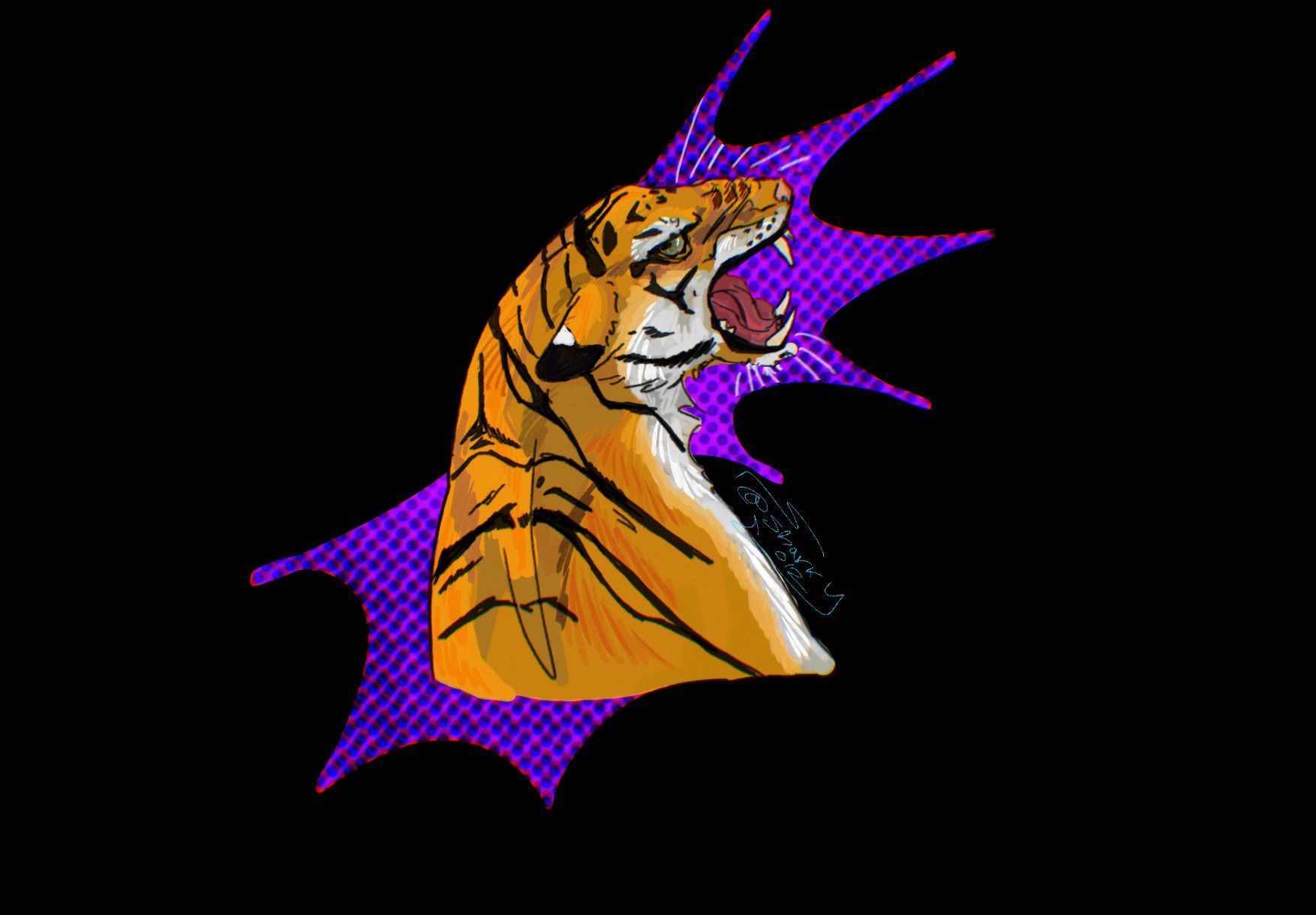 Roaring tiger head with orange and black stripes, against a purple starburst on black.