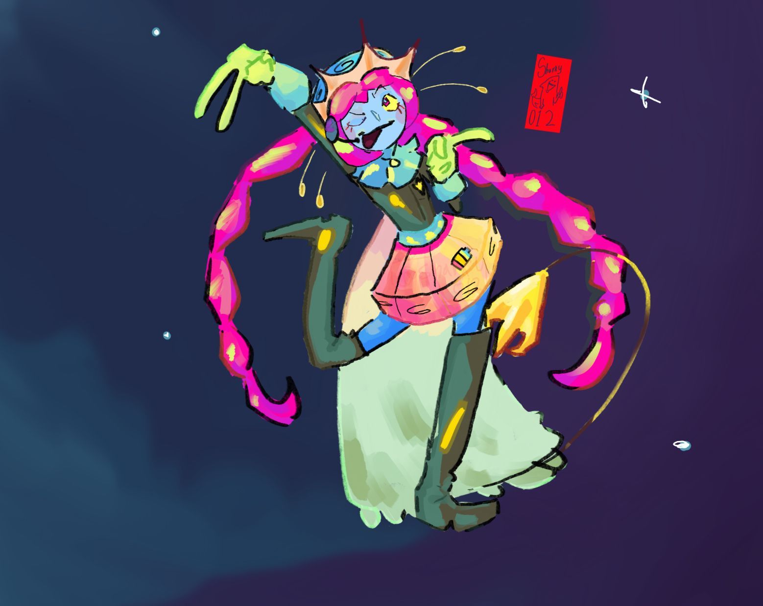 A blue alien with pink hair in space, wearing a crown and cape. It is celebrating and joyful, surrounded by stars.