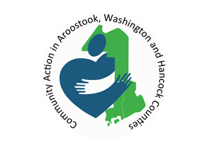 Logo for Community Action in Aroostook, Washington, and Hancock Counties, featuring a heart-shaped figure over a Maine map.