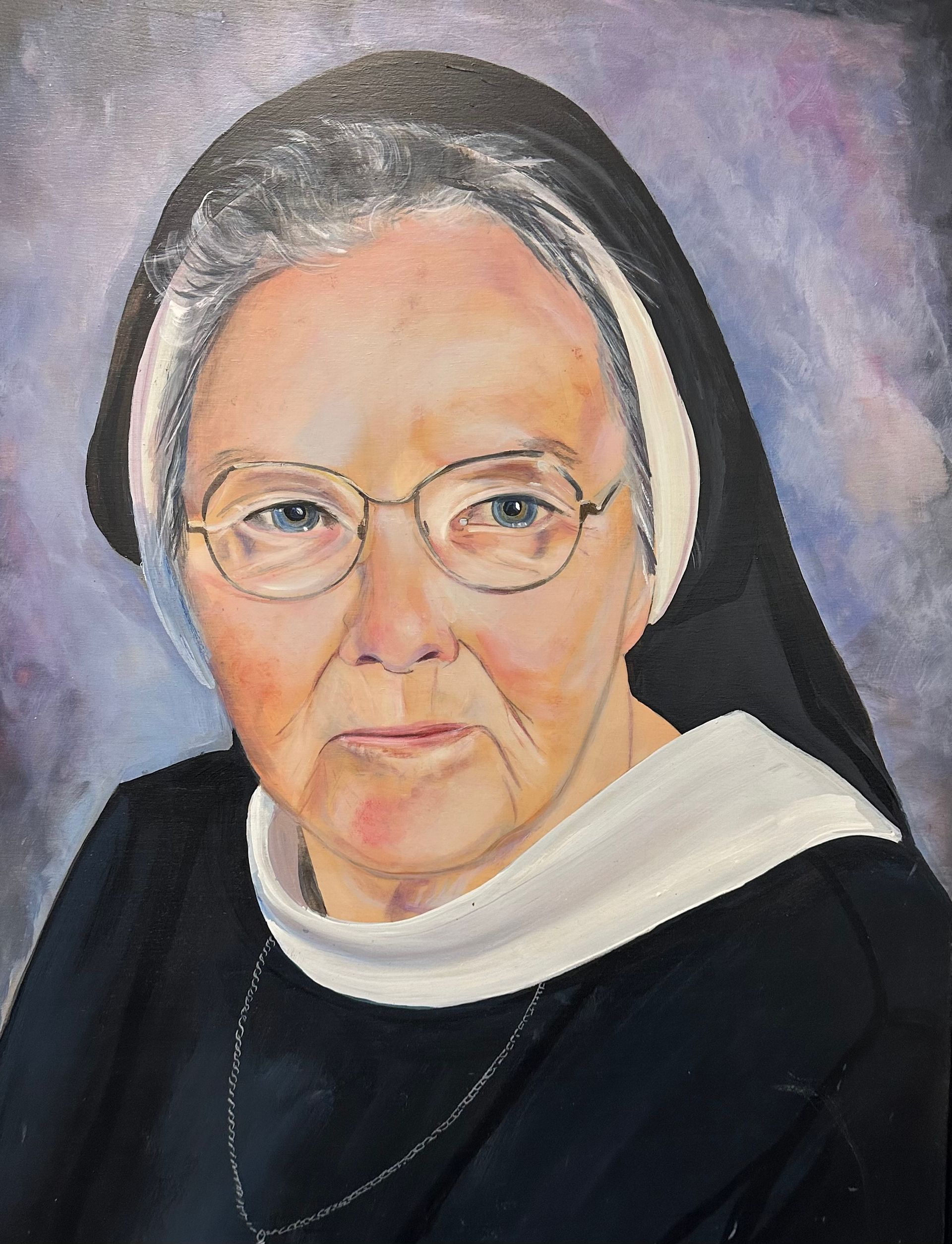 Oil painting portrait of a nun wearing a black habit and veil with a white collar and glasses, against a purple backdrop.