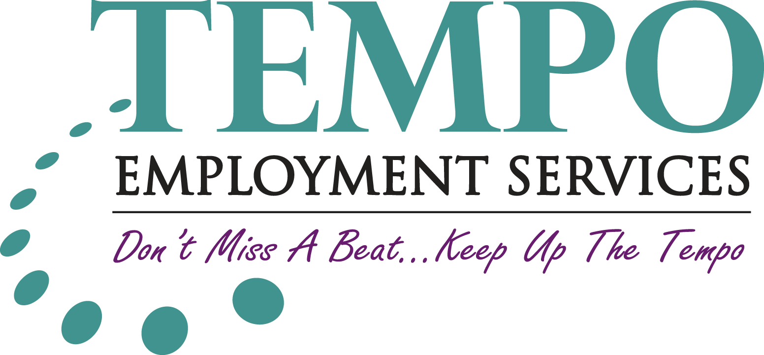 Teal logo for Tempo Employment Services with a dot graphic and the tagline