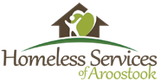 Logo for Homeless Services of Aroostook featuring a stylized green house and a person icon atop a curved dark green line.