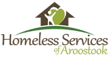 Logo for Homeless Services of Aroostook featuring a stylized green house and a person icon atop a curved dark green line.