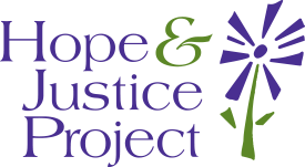Logo for Hope & Justice Project with purple text and a purple stylized flower with a green stem and leaf.
