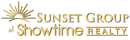 Sunset Realty Logo. Orange outline of a sun on top of navy words Sunset Realty Florida