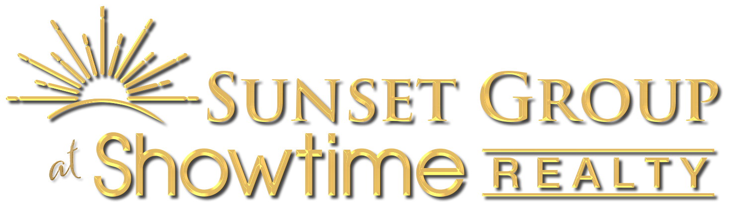 Sunset Realty Logo. Orange outline of a sun on top of navy words Sunset Realty Florida