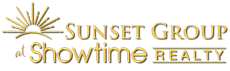 Sunset Realty Logo. Orange outline of a sun on top of navy words Sunset Realty Florida