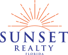 Sunset Realty Logo. Orange outline of a sun on top of navy words Sunset Realty Florida
