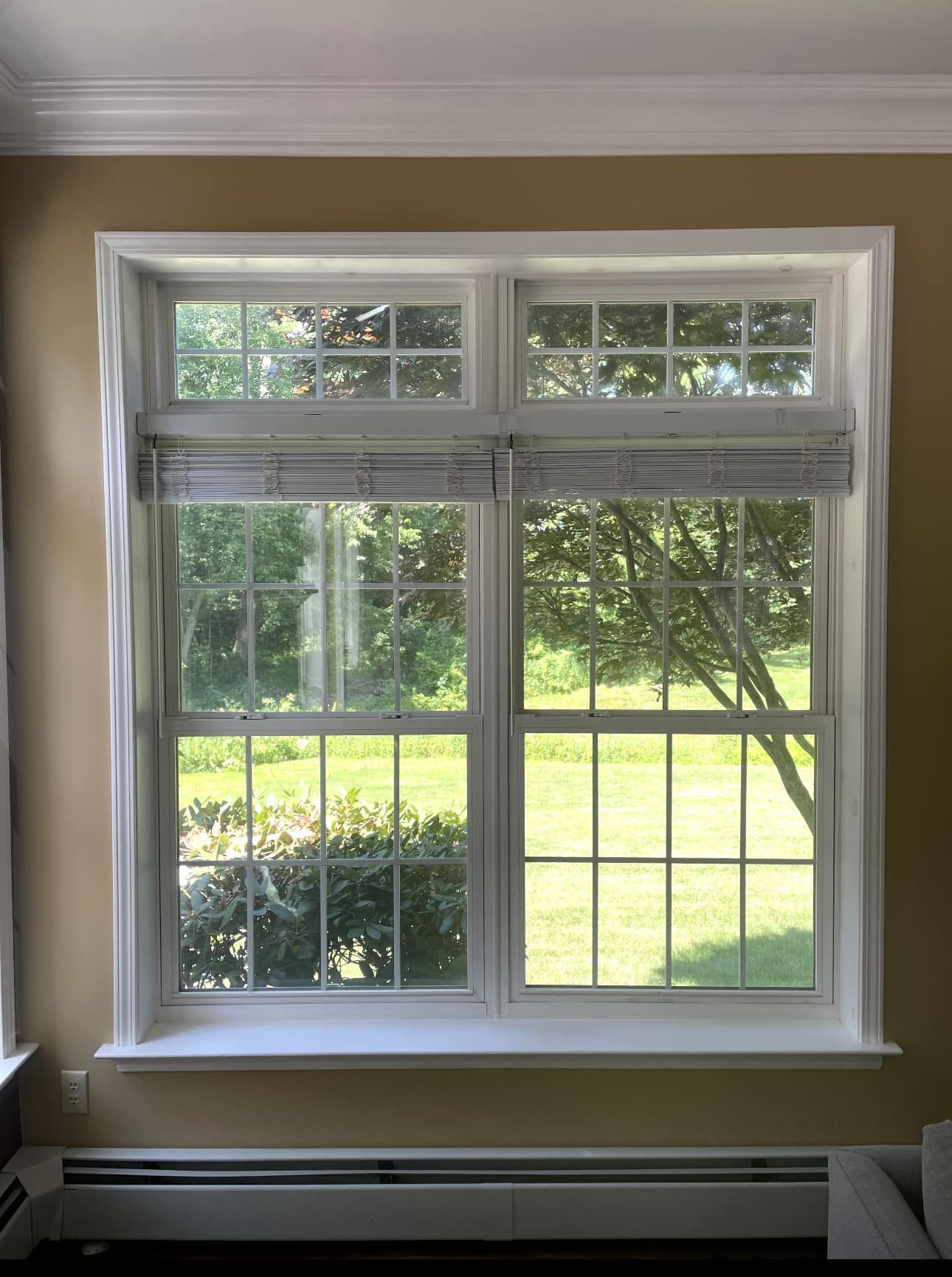 White-framed window with small upper panes, partially covered by a window treatment, overlooking a green yard.