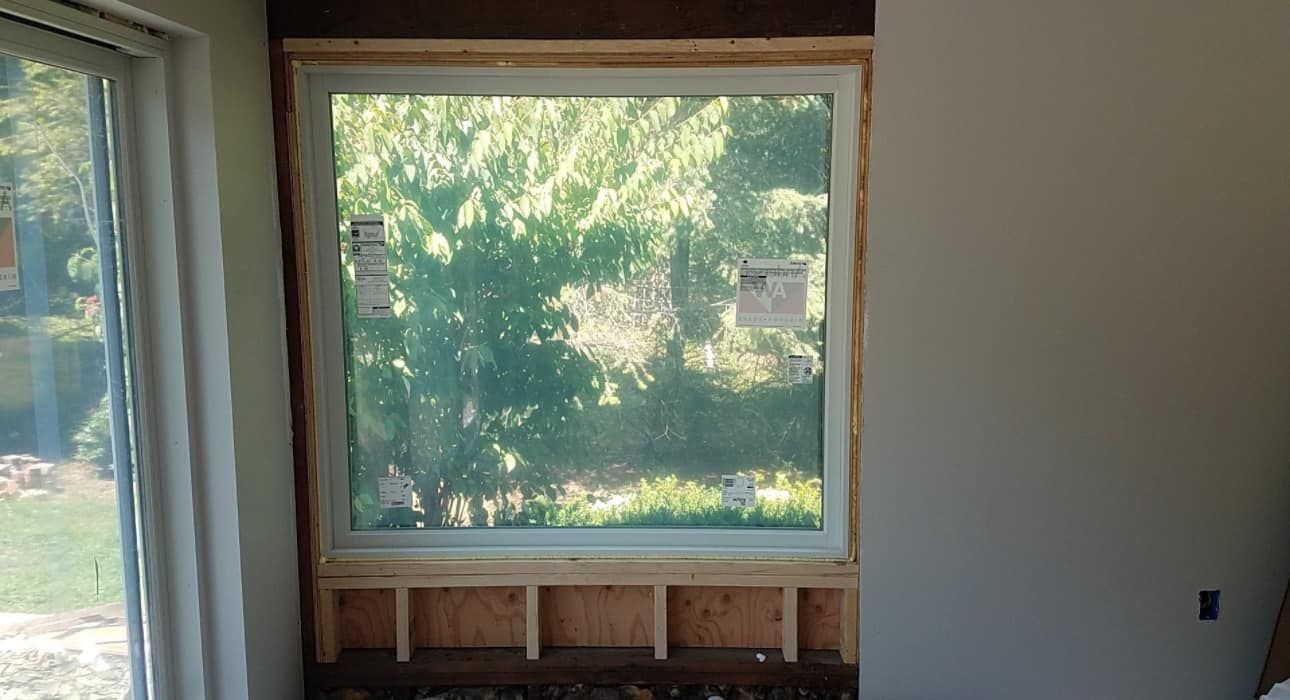 Window frame in a room, with a view of trees through the glass. Light colored trim surrounds the glass.
