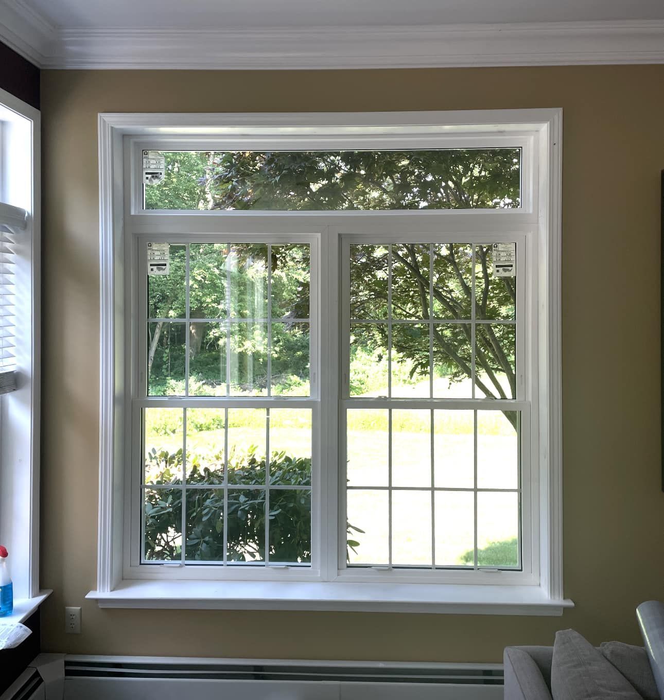 White framed window with grids, looking onto trees. Beige wall with white trim.
