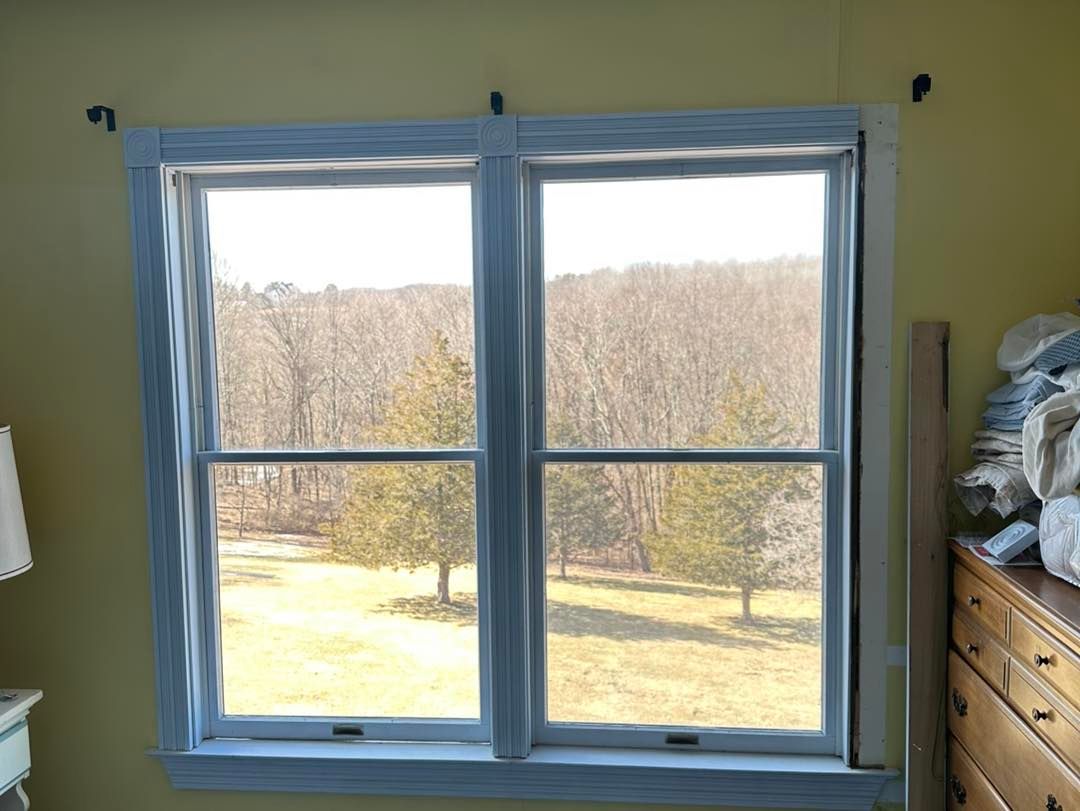 Double-paned window with white trim, looking out onto a field and trees; yellow wall.