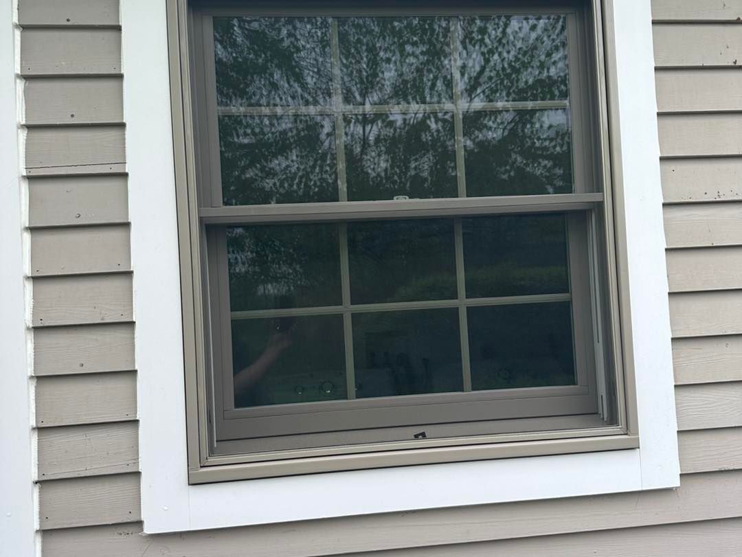 Window with brown frame, white trim, reflecting trees and sky, set in tan siding.