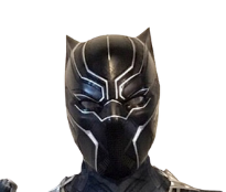 A close up of a black panther mask on a white background.