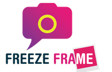 A logo for freeze frame with a camera and speech bubble