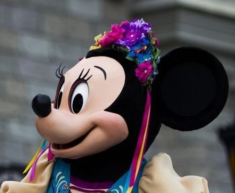A close up of minnie mouse wearing a flower crown