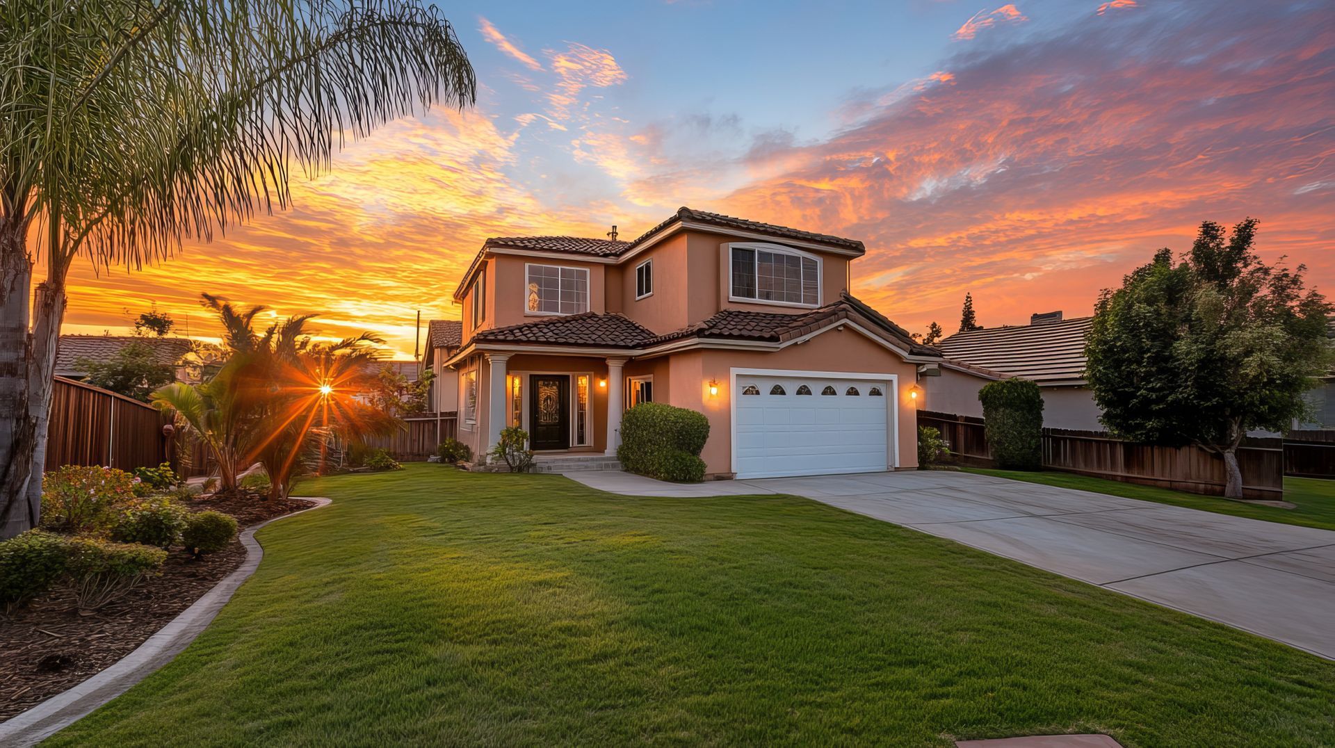 A two-story suburban home with a grassy front yard under a vibrant sunset sky.