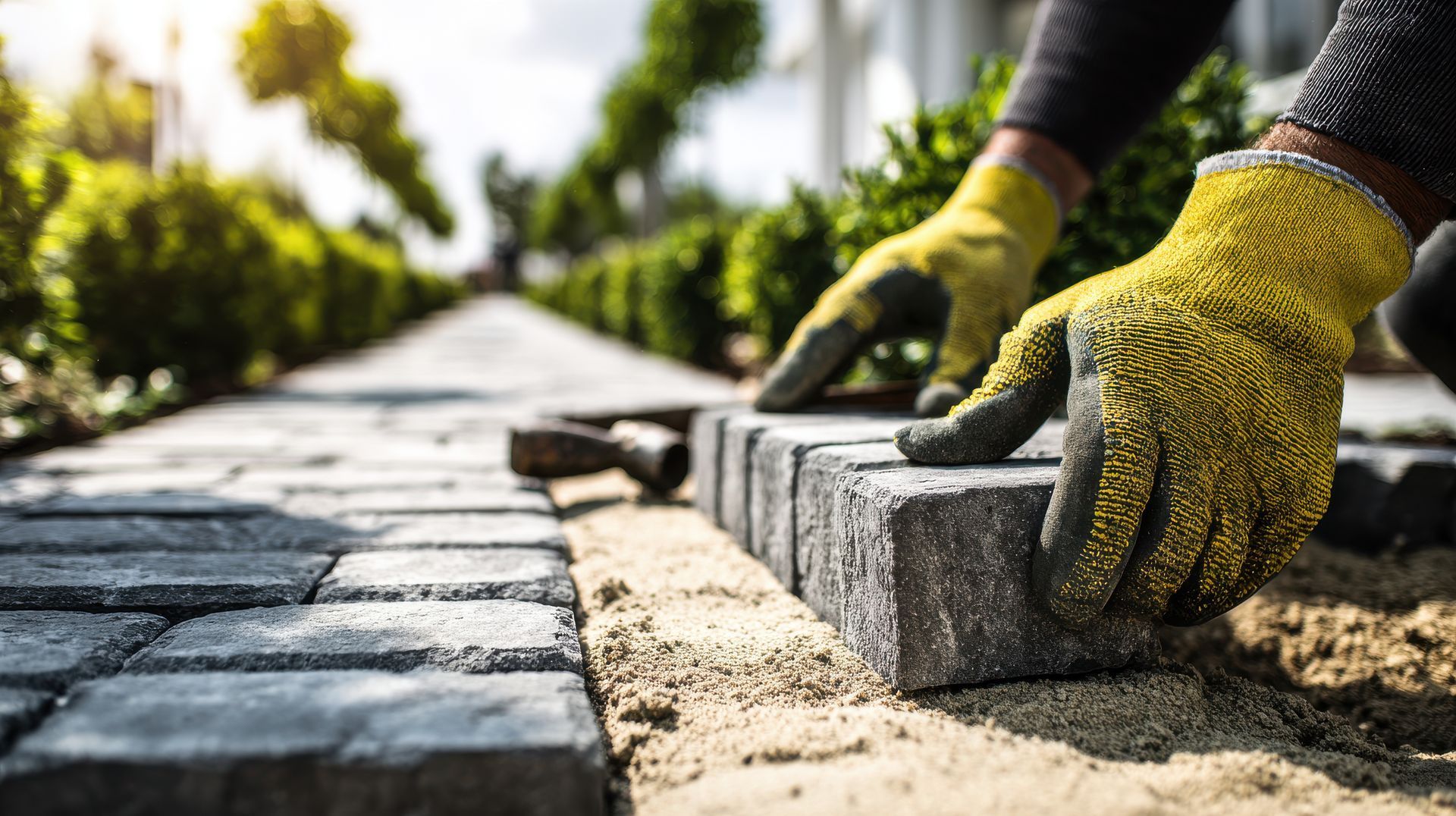 A professional installer laying stone pavers for durable and elegant hardscape driveways. A professional installer laying stone pavers for durable and elegant hardscape driveways.