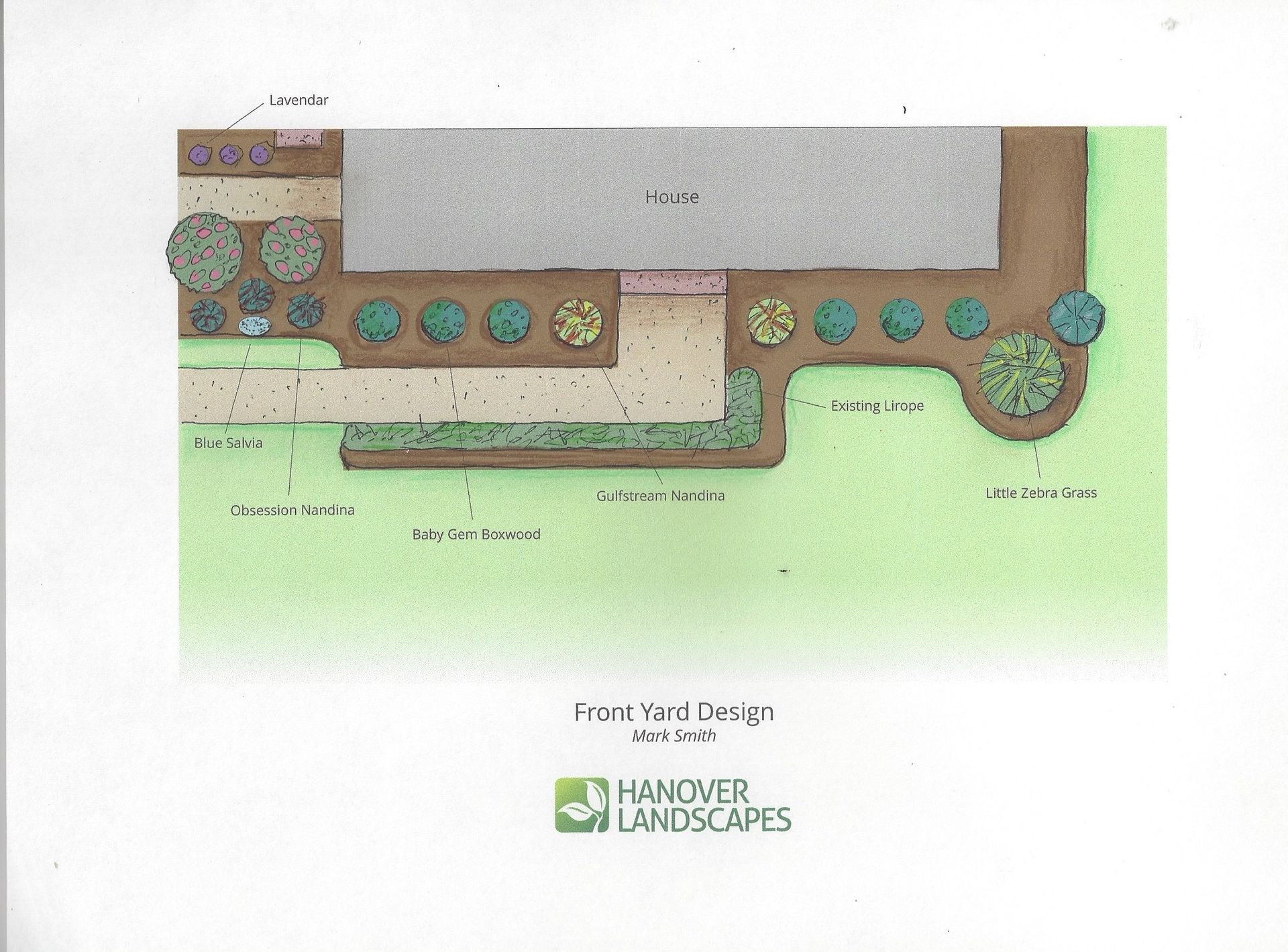 Landscape design plan with a deck, pathways, and planting areas, in various greens and browns.