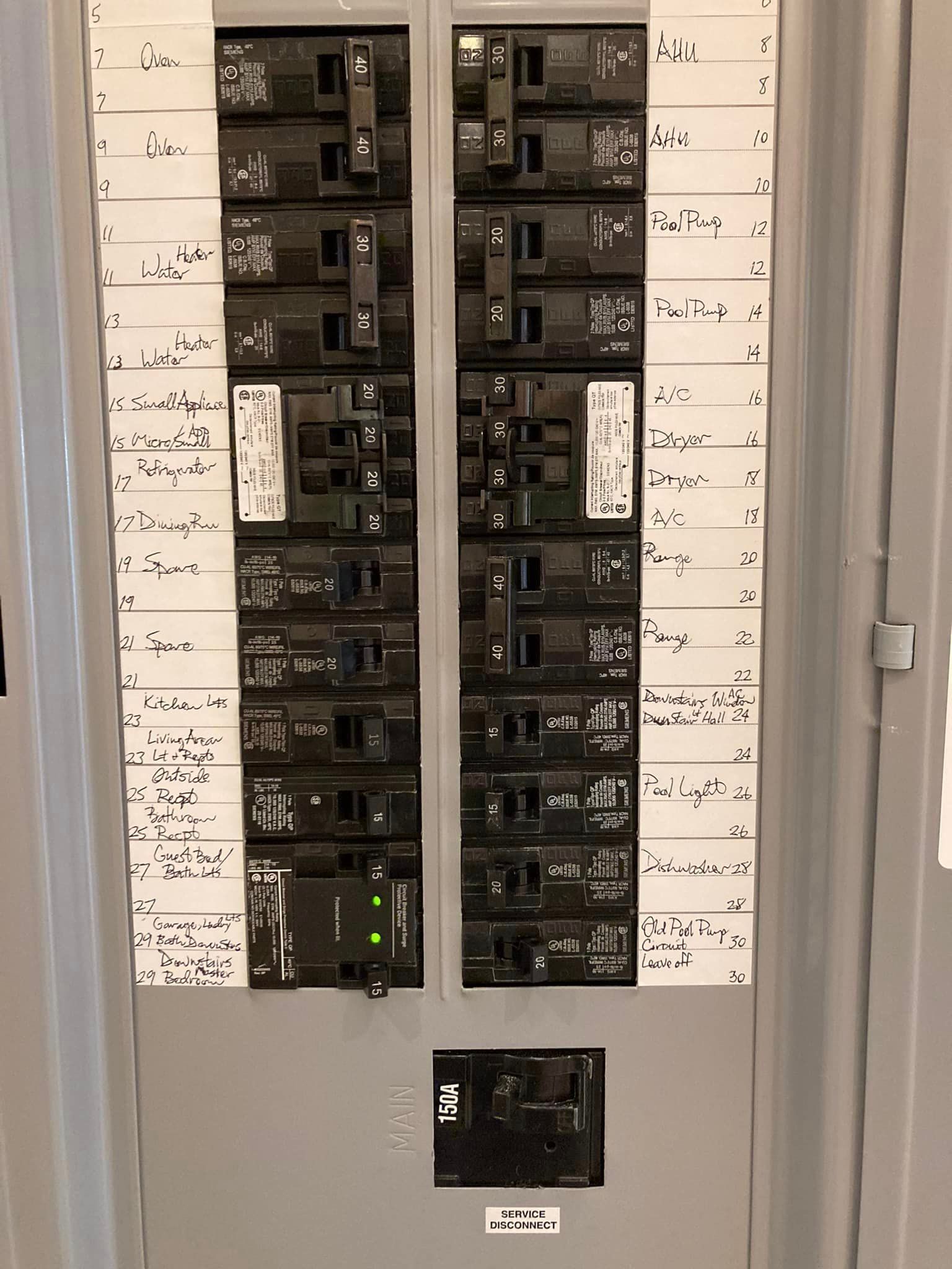 a close up of a electrical panel with labels on it
